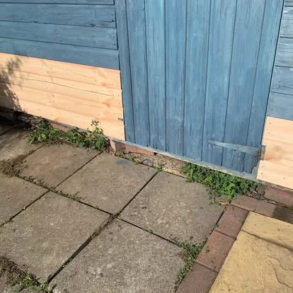 Painted shed with renewed lower cladding and a re-hung door