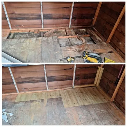 Before and after comparison of a rotten timber shed floor replaced with sound boards