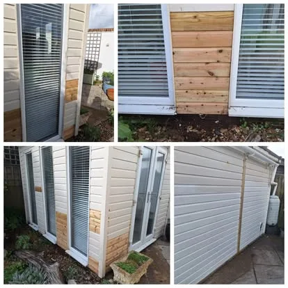 Before and after views of damaged lower summerhouse panels replaced with new timber