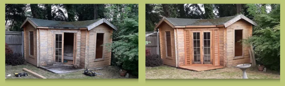 A timber garden building before and after restoration